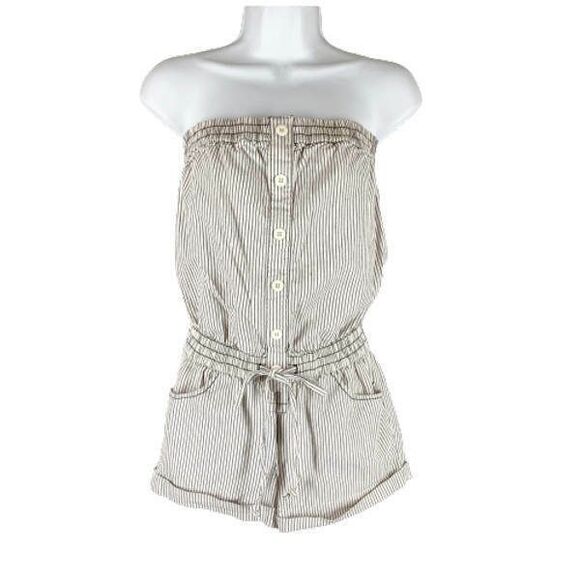 Cute Forever 21 Romper S Denim Blue White Railroad Stripes Cuffed Shorts Summer - Picture 2 of 4